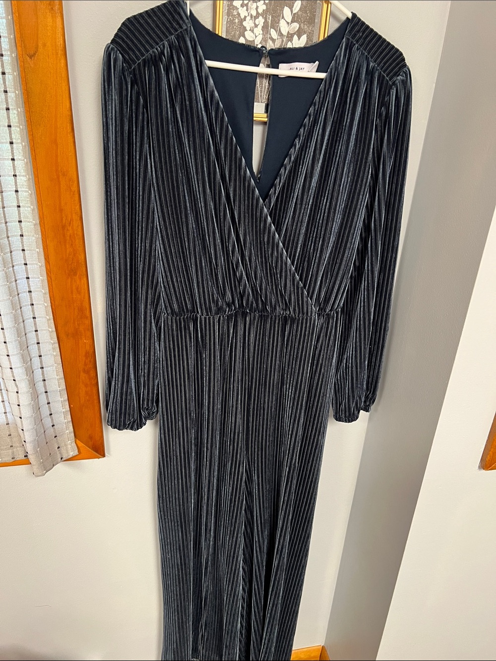 ALI & JAY Navy Velvet Pleated Wrap Jumpsuit